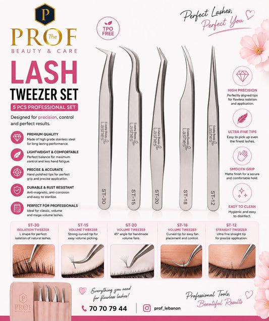 PROF Professional Lash Tweezer Set – 5 Pieces